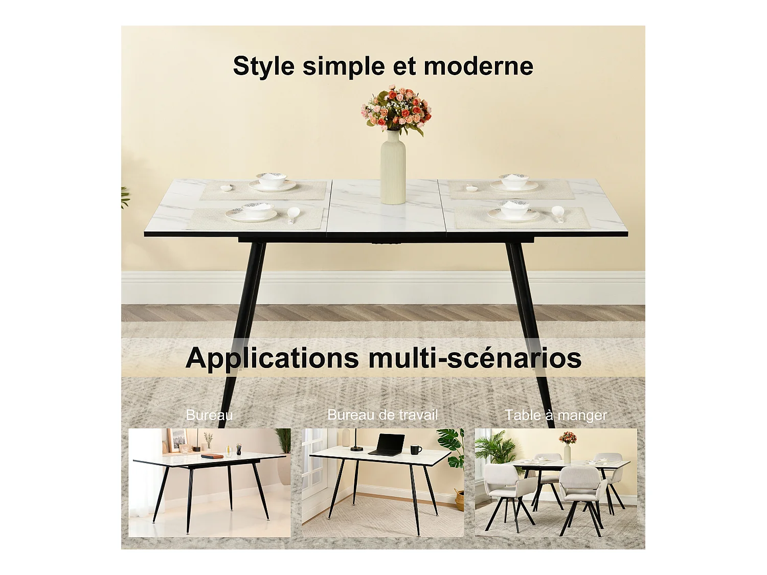 URBAN MEUBLE Table de salle à manger rectangulaire extensible blanche effet marbre de style scandinave pieds noir 120-160
