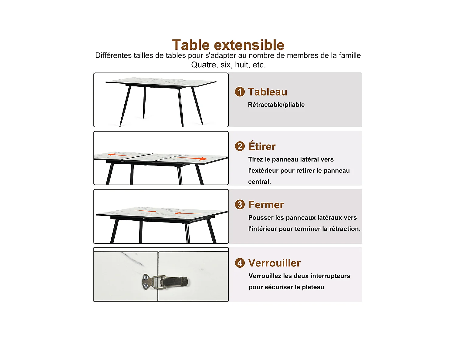 URBAN MEUBLE Table de salle à manger rectangulaire extensible blanche effet marbre de style scandinave pieds noir 120-160