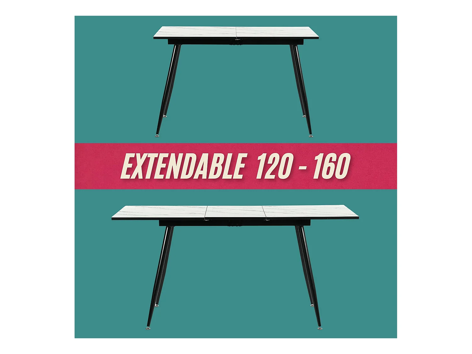 URBAN MEUBLE Table de salle à manger rectangulaire extensible blanche effet marbre de style scandinave pieds noir 120-160