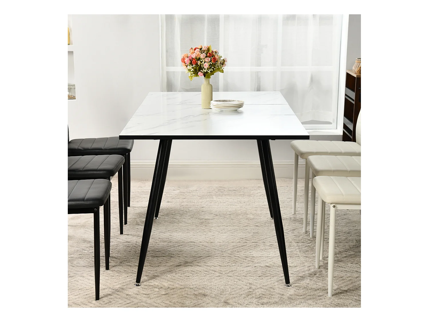 URBAN MEUBLE Table de salle à manger rectangulaire extensible blanche effet marbre de style scandinave pieds noir 120-160