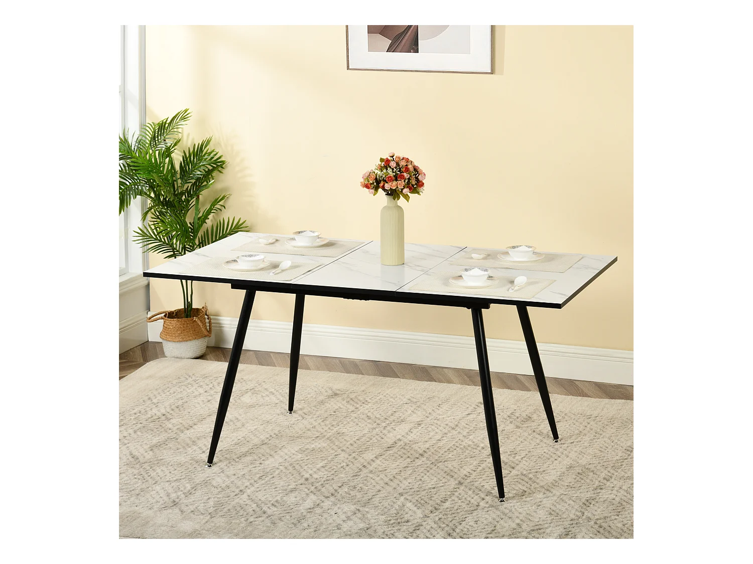 URBAN MEUBLE Table de salle à manger rectangulaire extensible blanche effet marbre de style scandinave pieds noir 120-160