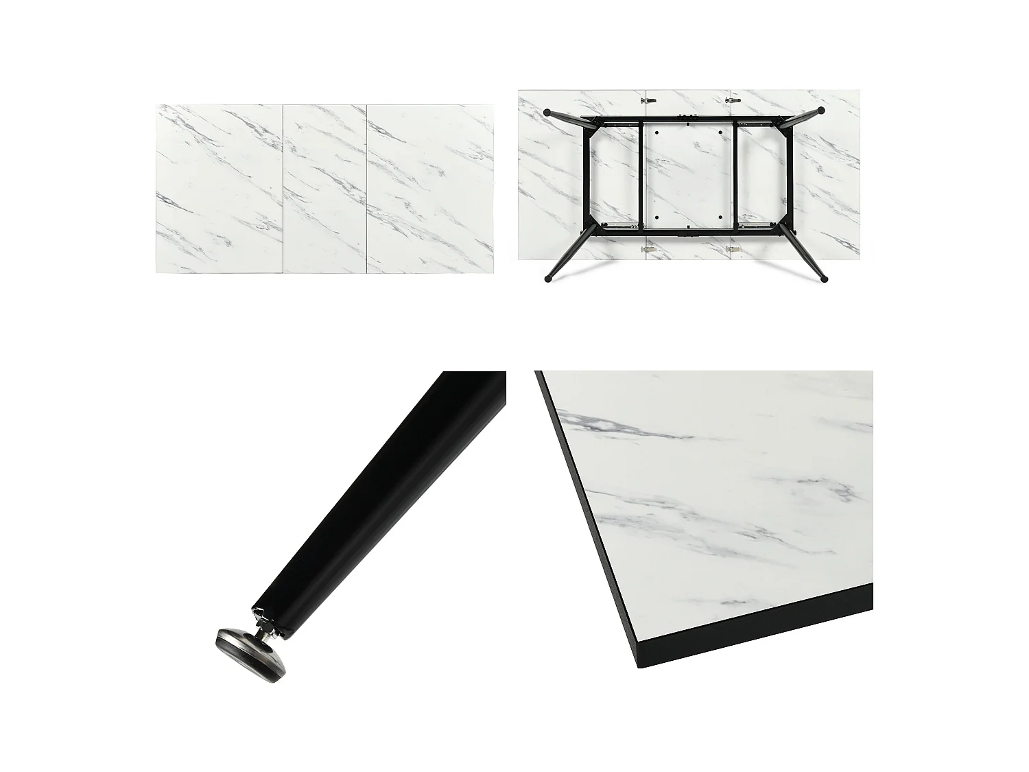 URBAN MEUBLE Table de salle à manger rectangulaire extensible blanche effet marbre de style scandinave pieds noir 120-160