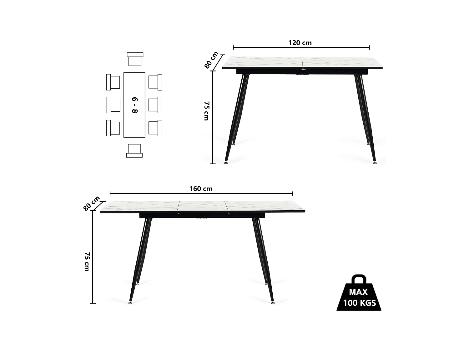 URBAN MEUBLE Table de salle à manger rectangulaire extensible blanche effet marbre de style scandinave pieds noir 120-160