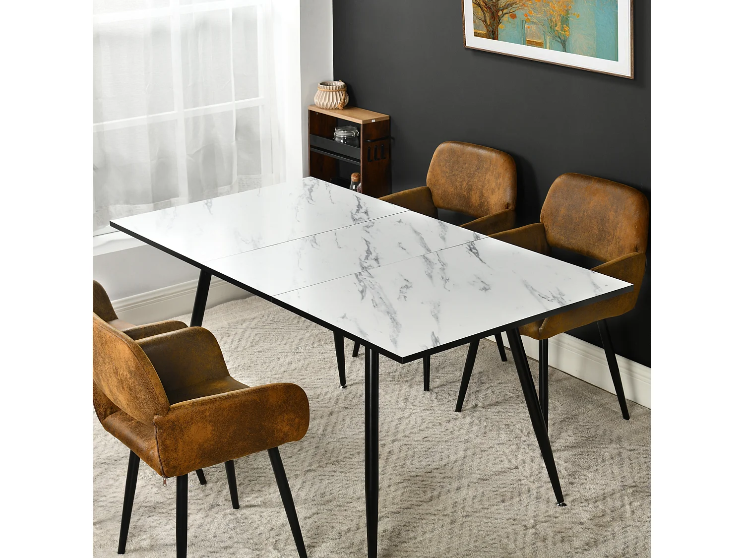 URBAN MEUBLE Table de salle à manger rectangulaire extensible blanche effet marbre de style scandinave pieds noir 120-160