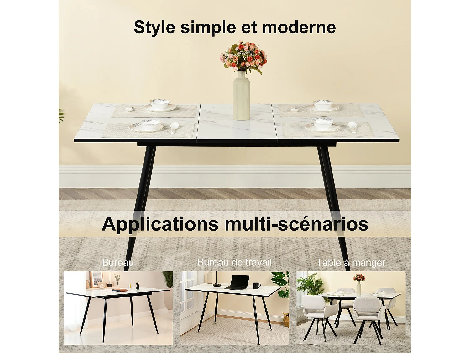 URBAN MEUBLE Table de salle à manger rectangulaire extensible blanche effet marbre de style scandinave pieds noir 120-160
