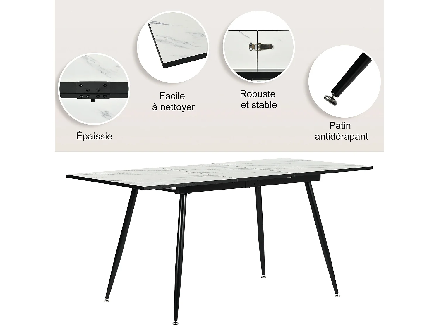 URBAN MEUBLE Table de salle à manger rectangulaire extensible blanche effet marbre de style scandinave pieds noir 120-160