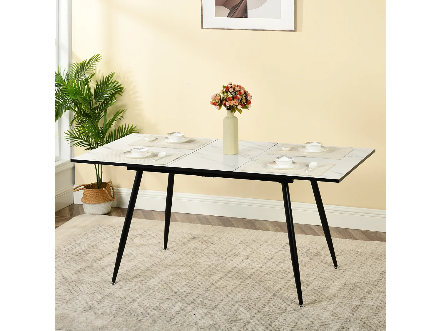 URBAN MEUBLE Table de salle à manger rectangulaire extensible blanche effet marbre de style scandinave pieds noir 120-160