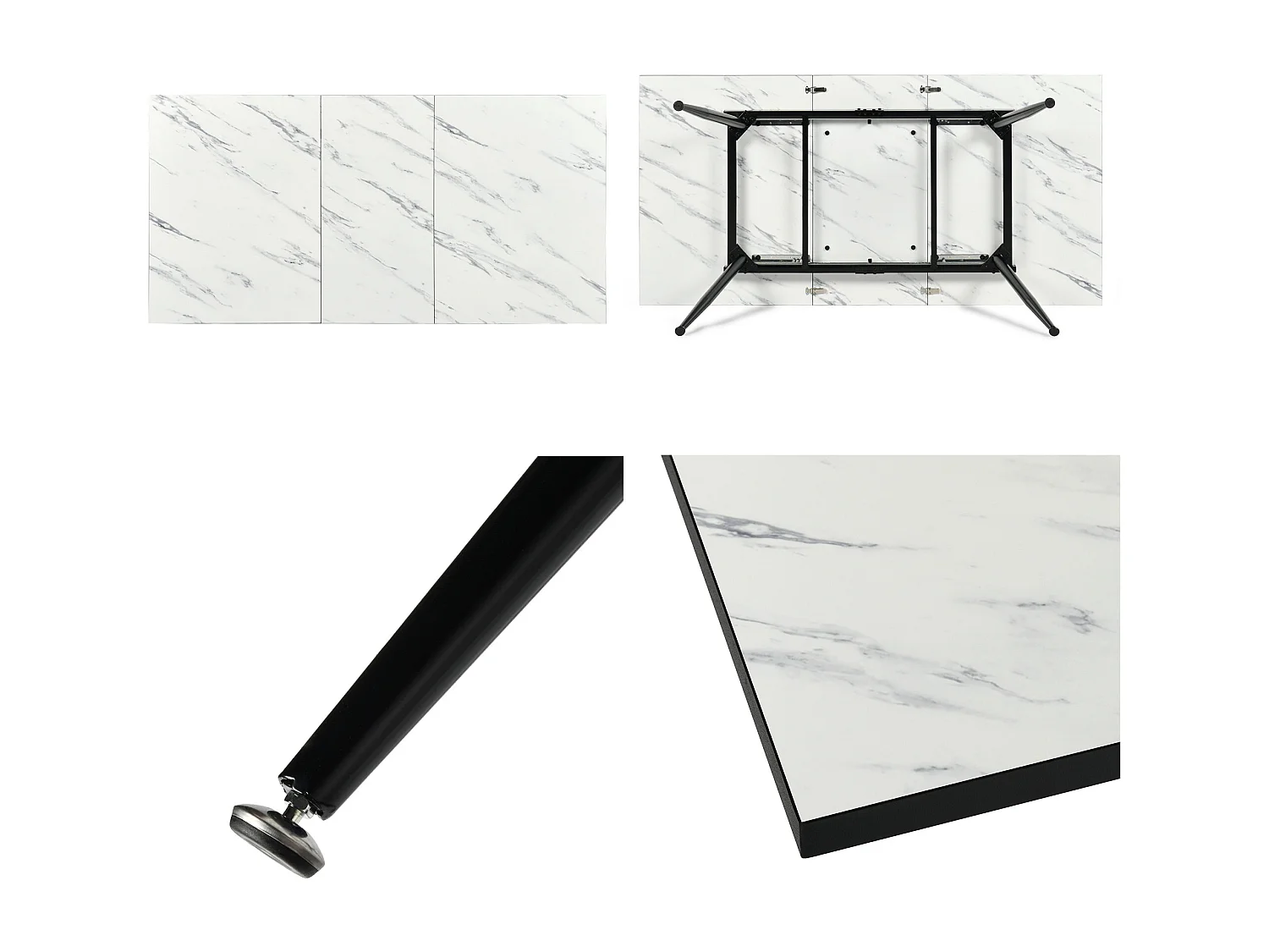 URBAN MEUBLE Table de salle à manger rectangulaire extensible blanche effet marbre de style scandinave pieds noir 120-160