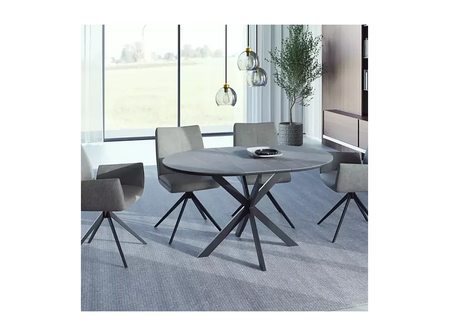 Table ronde extensible 135cm 6 pers céramique grise pied métal noir MILANOZ