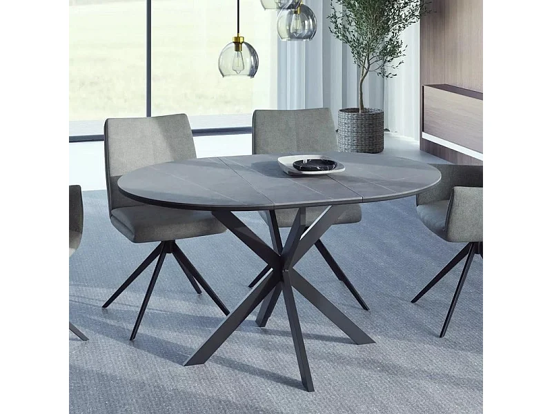 Table ronde extensible 135cm 6 pers céramique grise pied métal noir MILANOZ