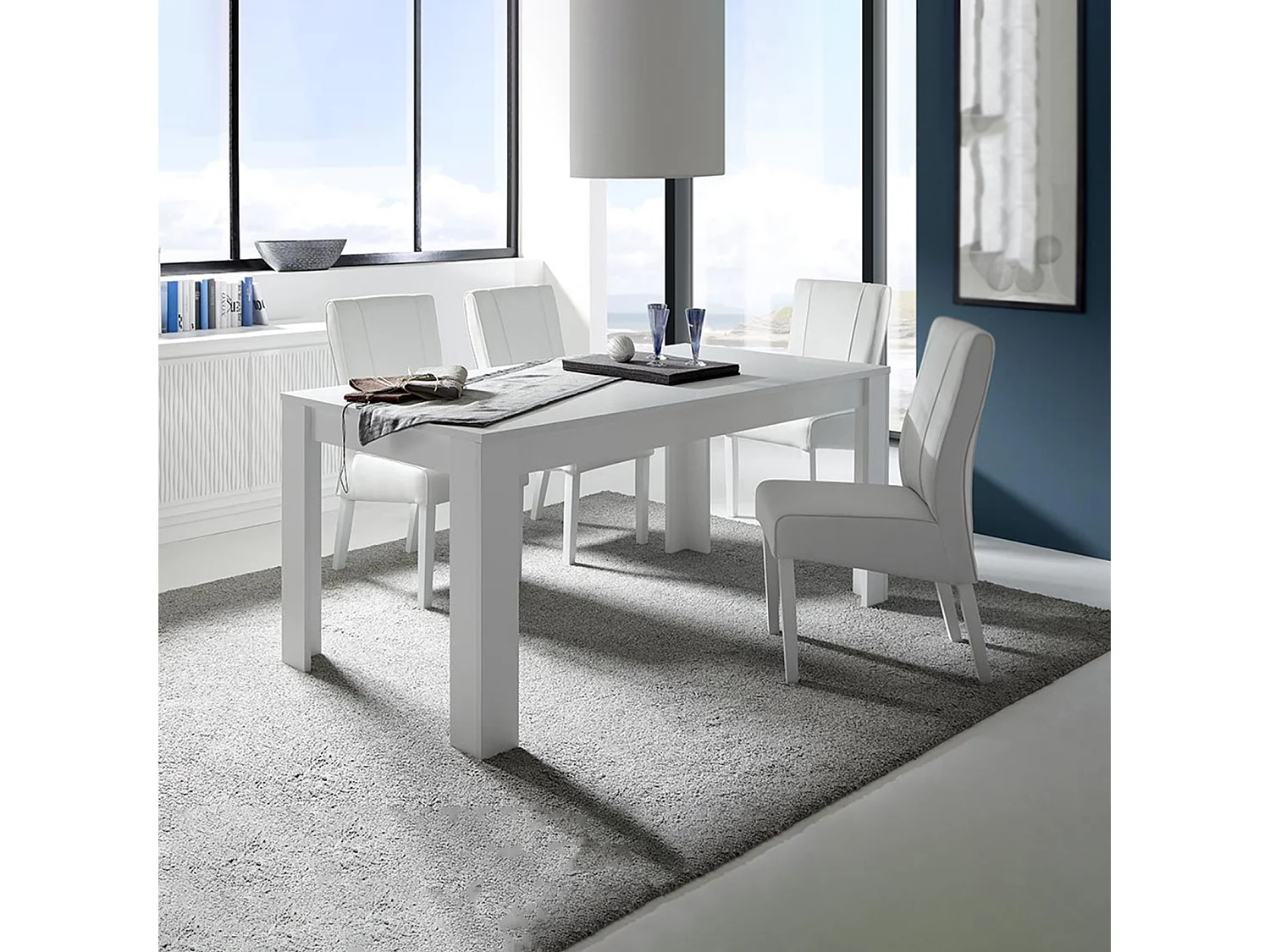 Table à manger extensible « Sky » en bois blanc mat cm 137/185x90 ​​​​79h