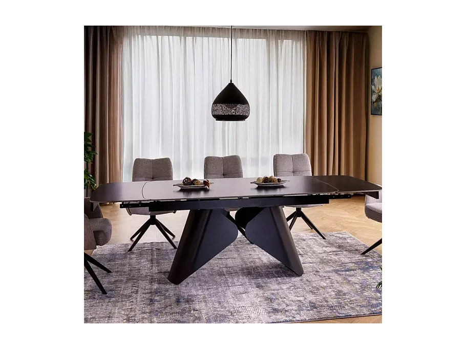 Table de salle à manger extensible 160 + 80cm avec plateau en céramique noir mat ARMADA