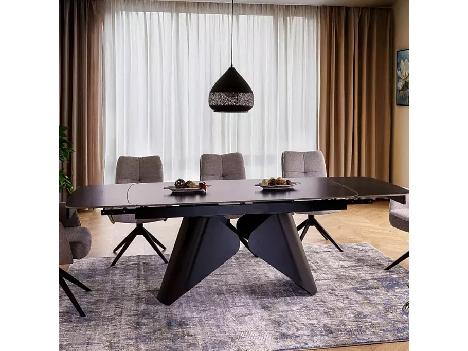 Table de salle à manger extensible 160 + 80cm avec plateau en céramique noir mat ARMADA