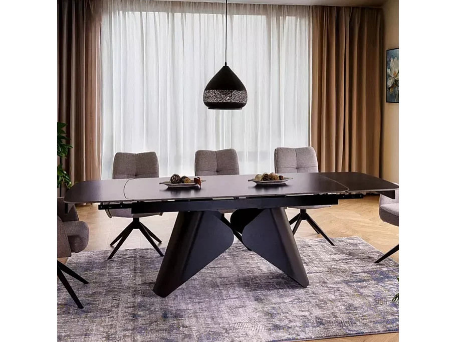 Table de salle à manger extensible 160 + 80cm avec plateau en céramique noir mat ARMADA