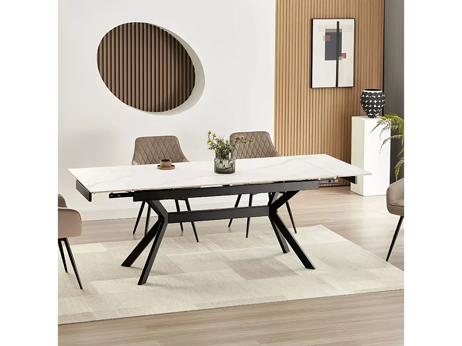 Table de salle à manger extensible 160 + 60cm en céramique blanc mat MARTA