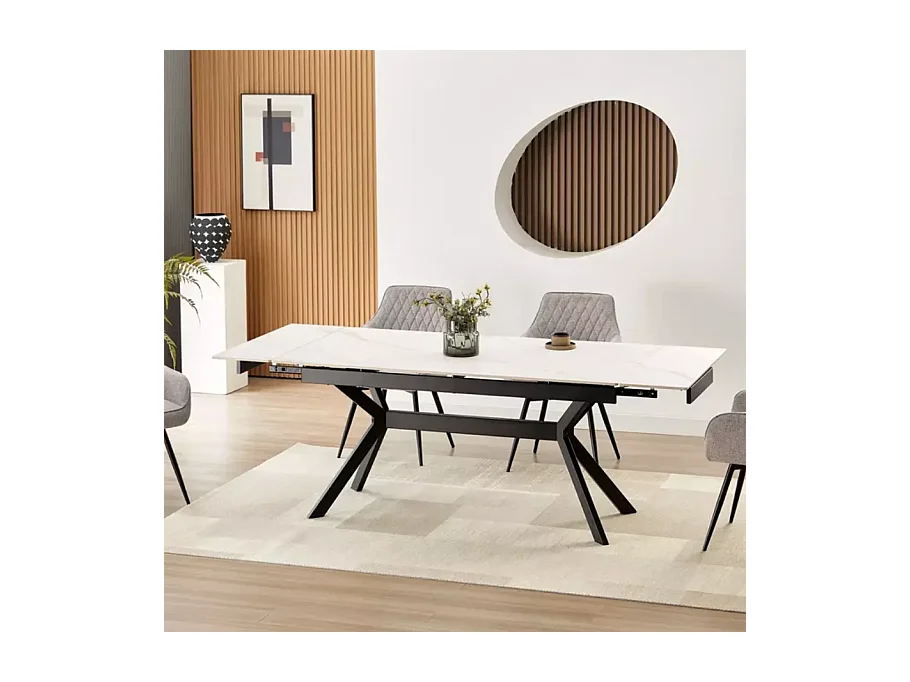 Table de salle à manger extensible 180 + 60cm en céramique blanc mat MARTA