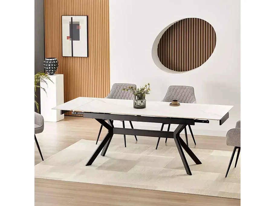 Table de salle à manger extensible 180 + 60cm en céramique blanc mat MARTA