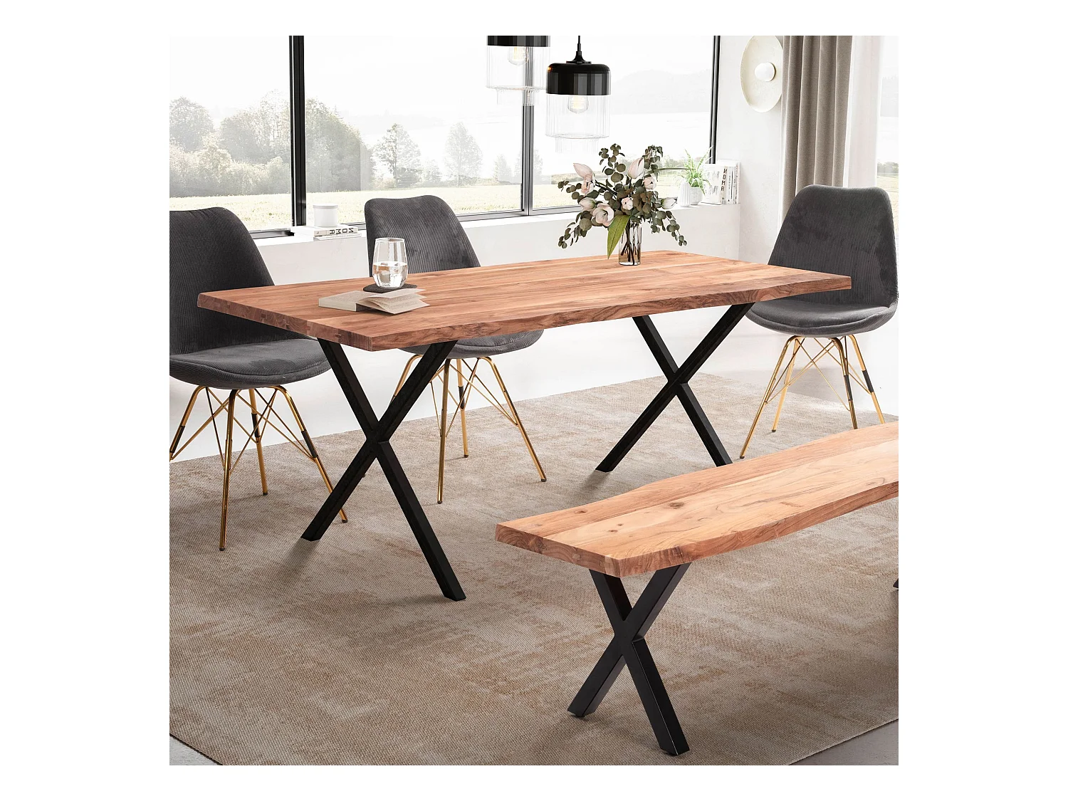 Eettafel 140x80x76 cm in massief acaciahout en metaal, keukentafel met natuurlijke randen, rechthoekige eettafel met x poten in zwart