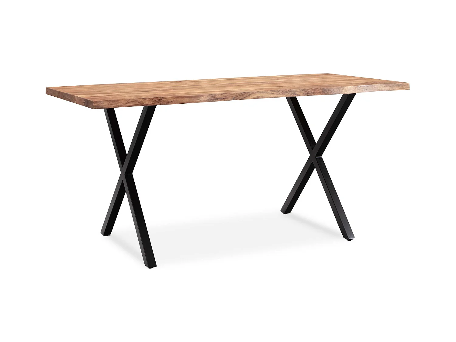 Eettafel 140x80x76 cm in massief acaciahout en metaal, keukentafel met natuurlijke randen, rechthoekige eettafel met x poten in zwart