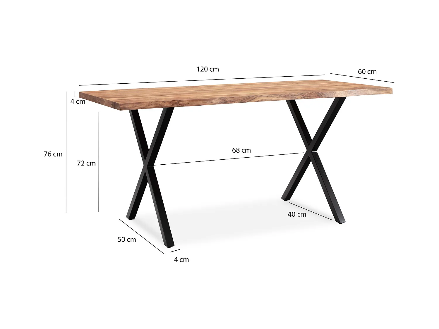 Eettafel 140x80x76 cm in massief acaciahout en metaal, keukentafel met natuurlijke randen, rechthoekige eettafel met x poten in zwart