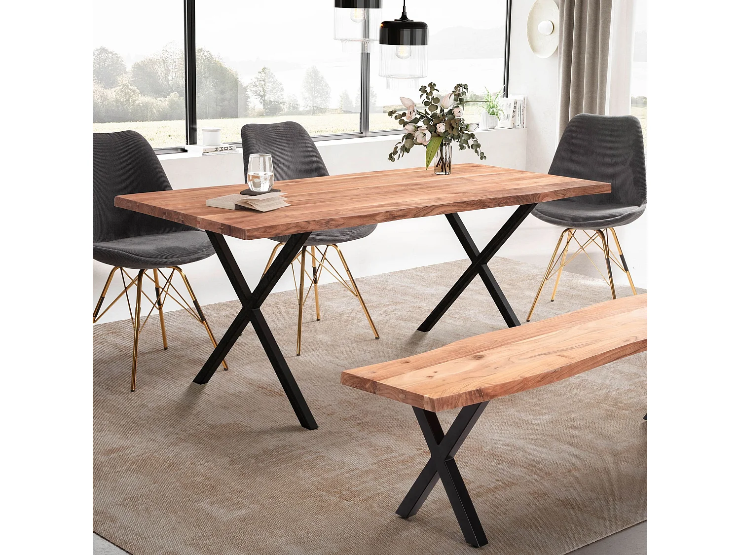 table de salle à manger 120x60x76 cm table à manger en bois massif d'acacia/métal bord d'arbre,