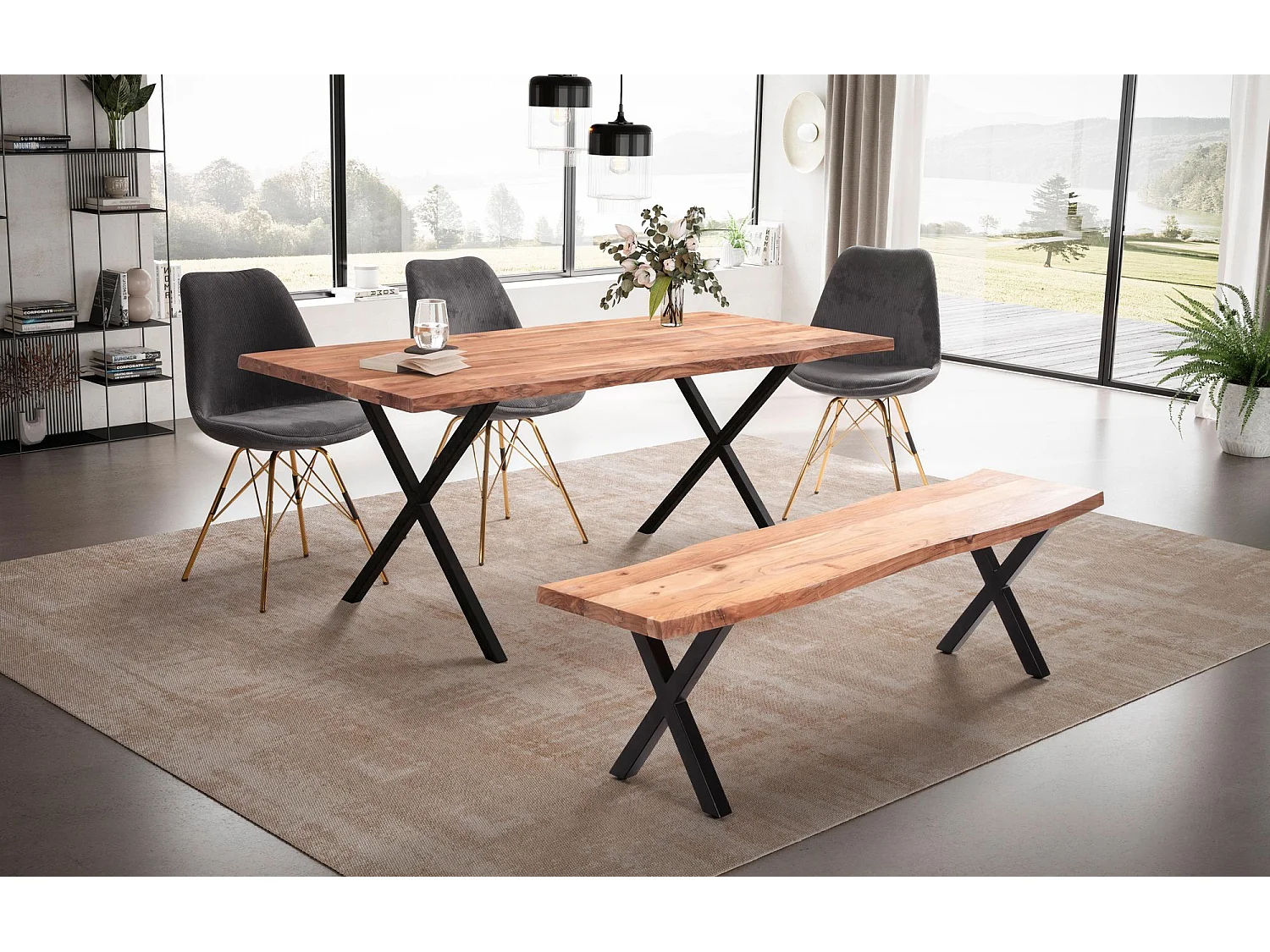 table de salle à manger 120x60x76 cm table à manger en bois massif d'acacia/métal bord d'arbre,