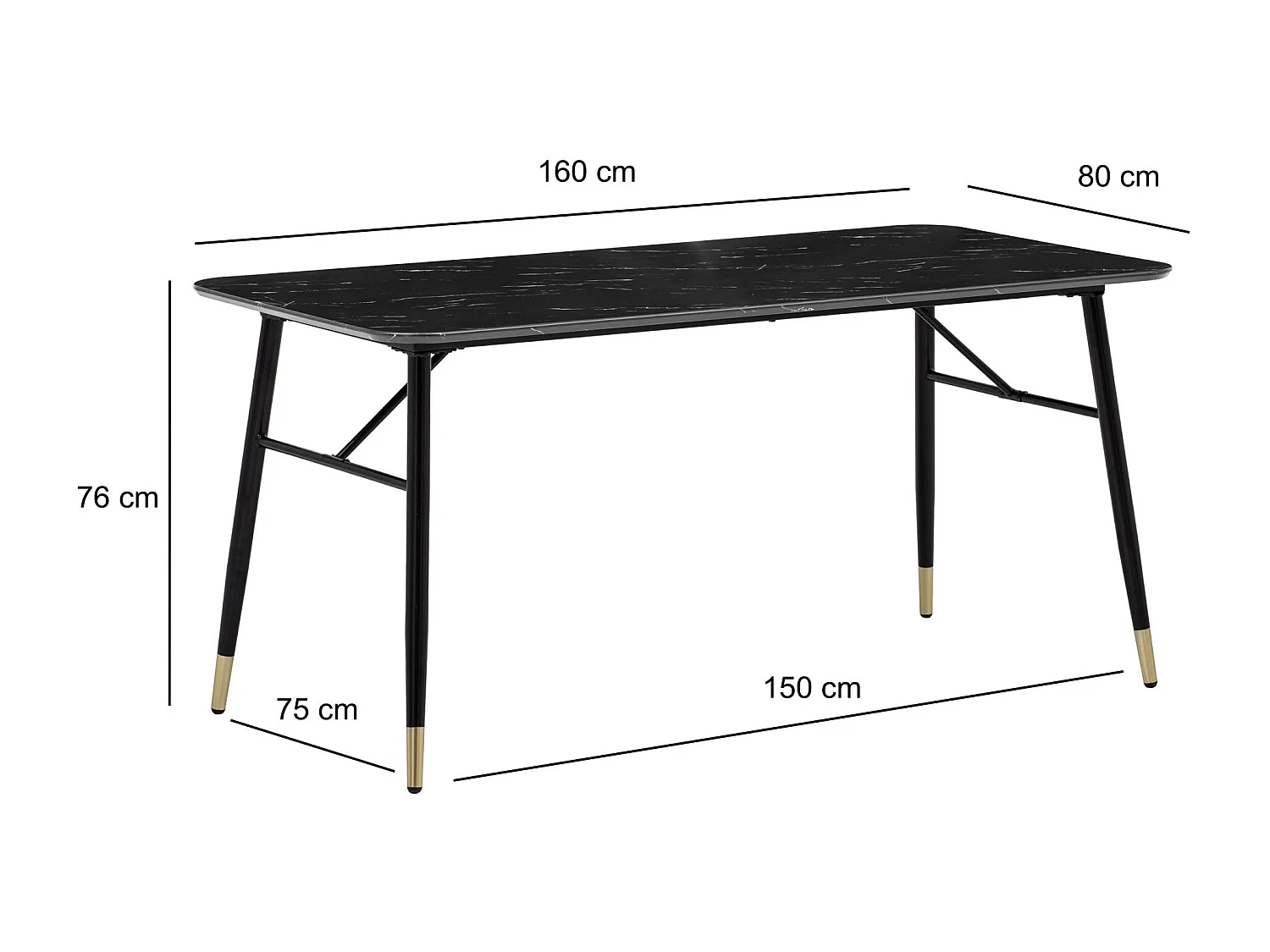 Table de Salle à Manger 160x80x76 cm Noir Effet Marbre Moderne, Grande Table de Cuisine