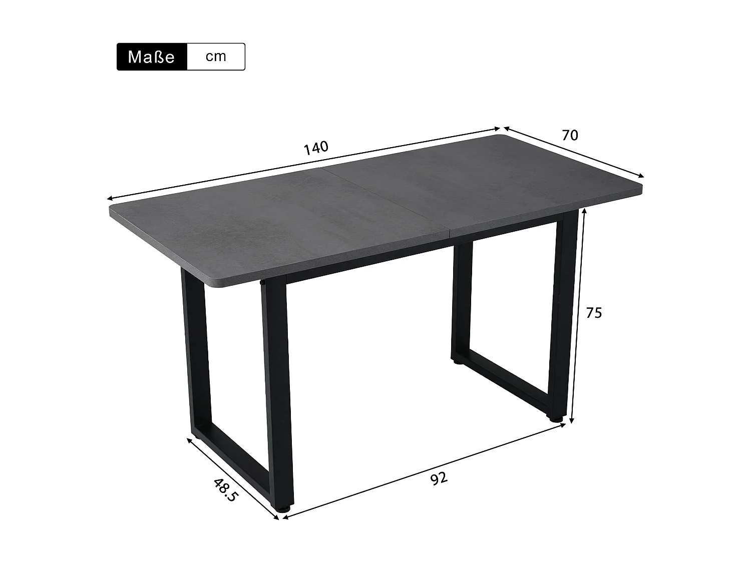 Table à manger rectangle 6 personnes, plateau gris avec pieds en U en métal noir - 140x70x75cm