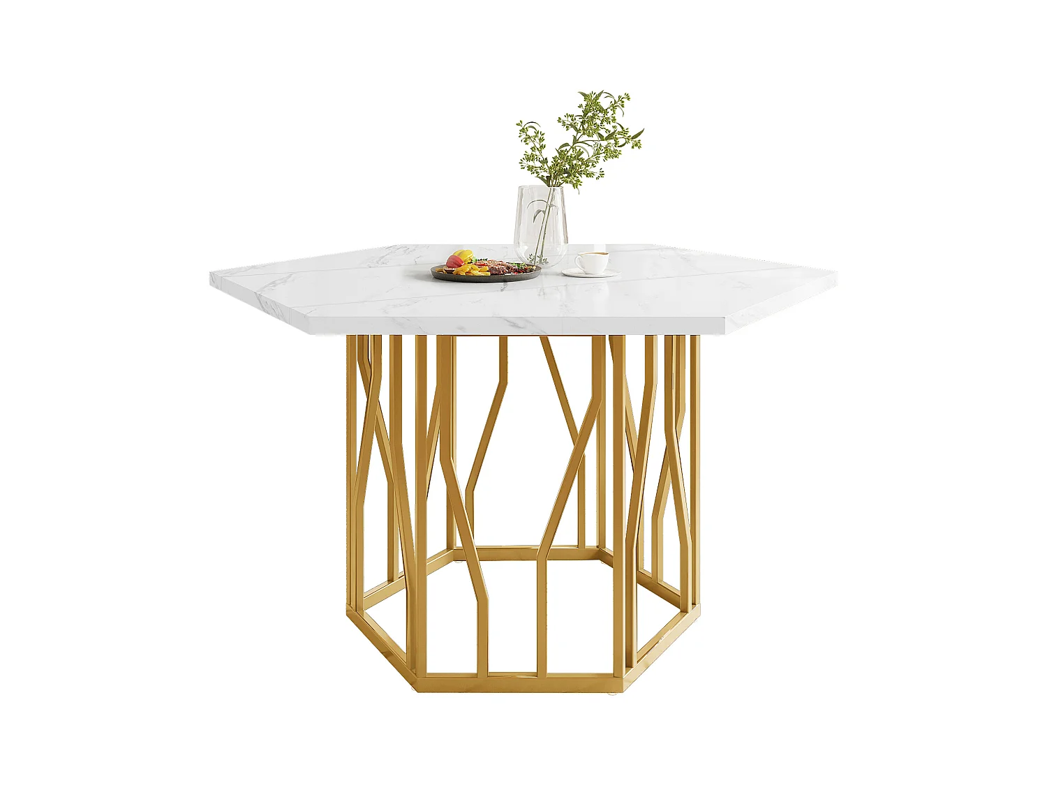 Table à manger hexagone 4 personnes, plateau en placage marbre blanc avec pieds en métal doré - 115.5x100x75cm