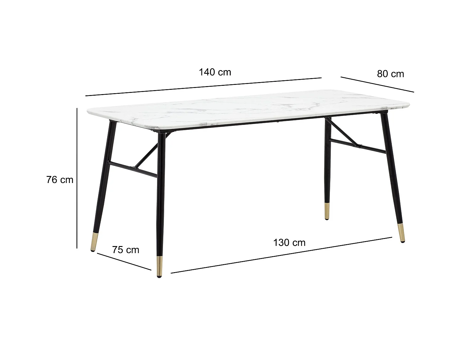 Eettafel 140x80x76 cm Zwart Modern Marmer Effect, Kleine Rechthoekige Keukentafel met Metalen Poten
