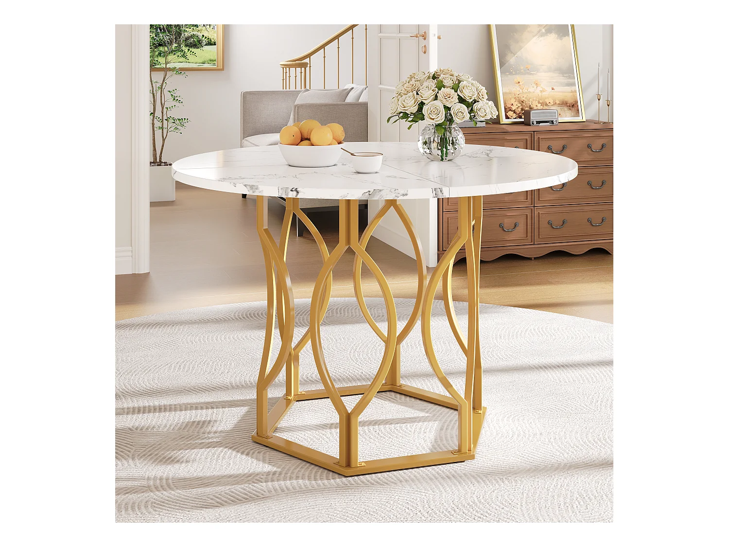 Table à manger 4 places - 100 x 100 x 76cm - table ronde pieds en métal dorés -  plateau en MDF marbré - MDF + Métal - blanc