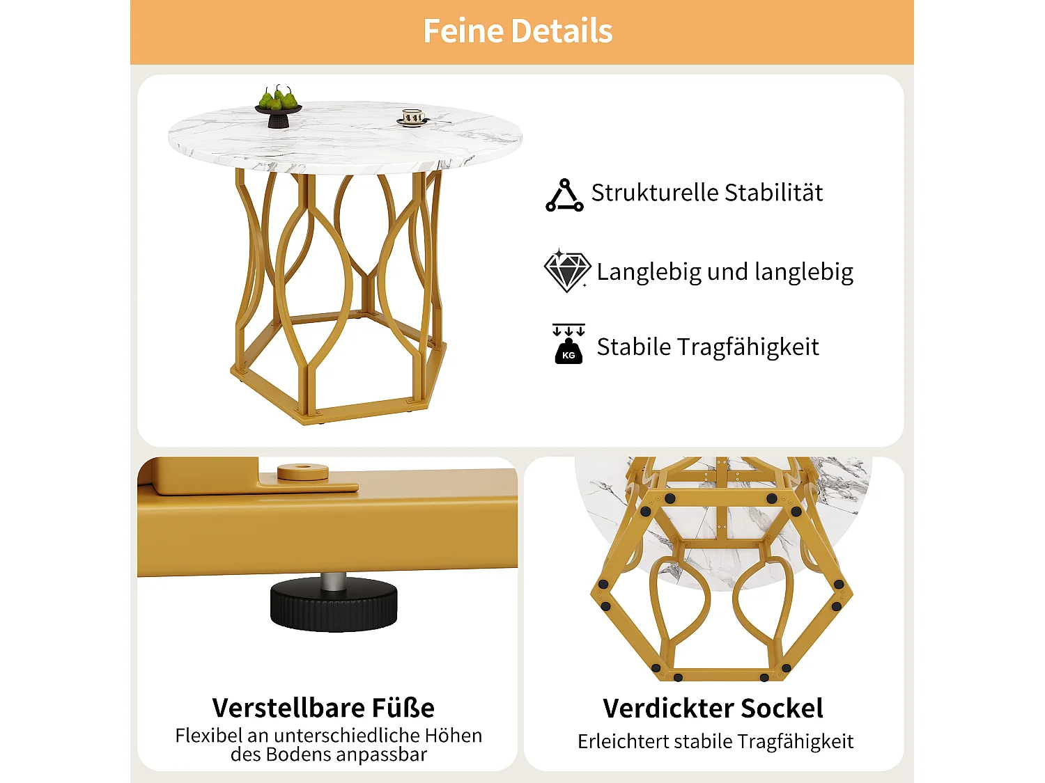 Table à manger 4 places - 100 x 100 x 76cm - table ronde pieds en métal dorés -  plateau en MDF marbré - MDF + Métal - blanc