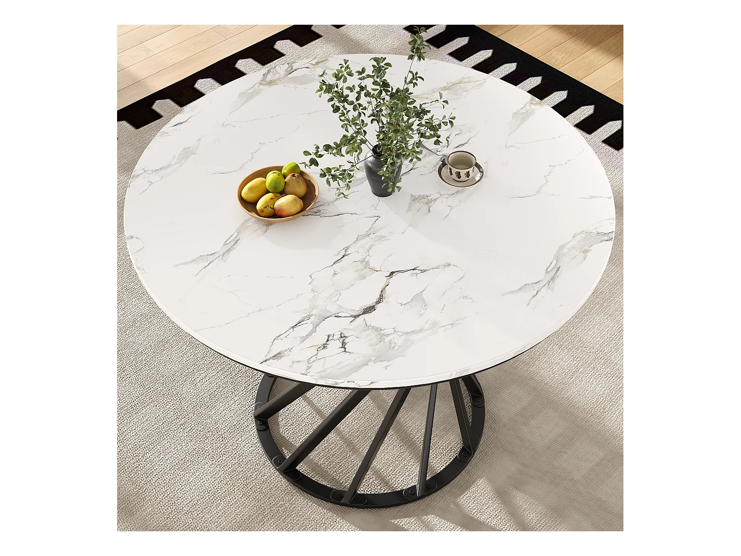 Table à manger 4 places - 80 x 80 x 76cm - table ronde pieds en métal noirs  - plateau en MDF marbré - MDF + métal - noir