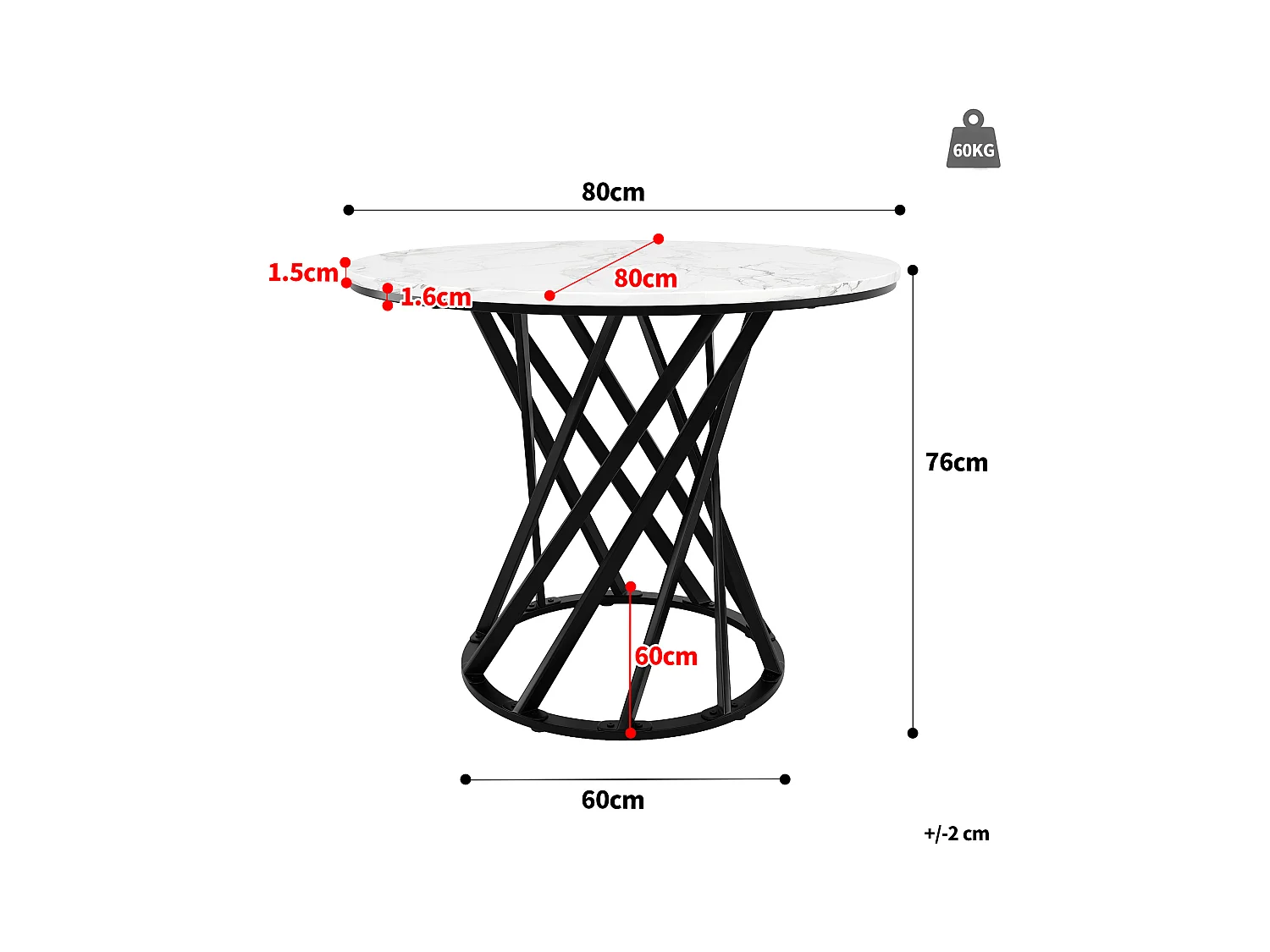 Table à manger 4 places - 80 x 80 x 76cm - table ronde pieds en métal noirs  - plateau en MDF marbré - MDF + métal - noir