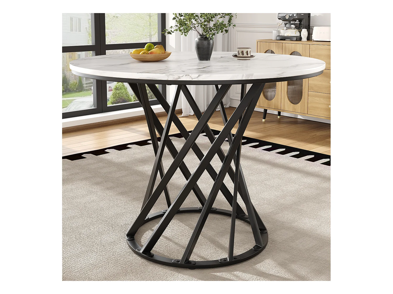 Esstisch für 4 Personen – 80 x 80 x 76 cm – runder Tisch mit schwarzen Metallbeinen – marmorierte MDF-Platte – MDF + Metall – Schwarz