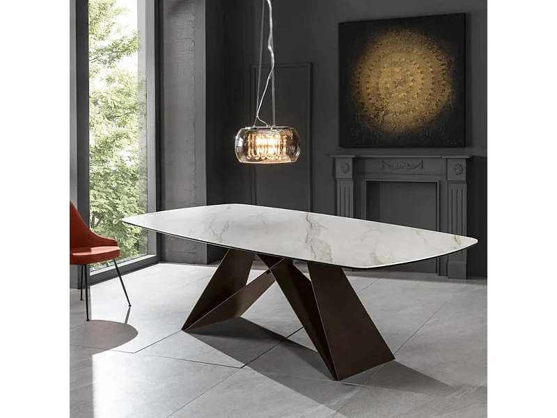 Tavolo moderno fisso "Loyra"in ceramica su vetro temperato effetto marmo cm 220x110 76h