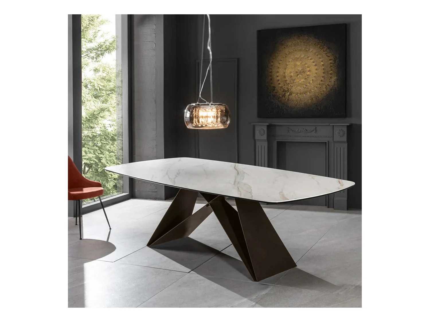 Table fixe moderne "Loyra" en céramique sur verre trempé effet marbre cm 220x110 76h