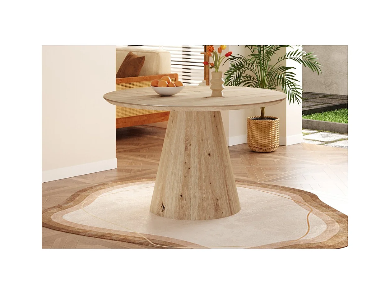 Mesa de comedor SOLENA – Ø120 cm – Color roble envejecido – Diseño redondo – Estilo contemporáneo y acogedor