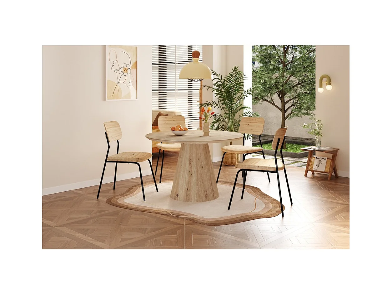 Mesa de comedor SOLENA – Ø120 cm – Color roble envejecido – Diseño redondo – Estilo contemporáneo y acogedor