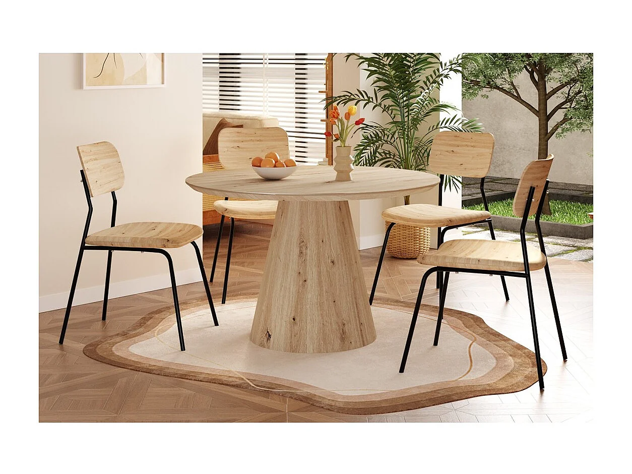 Table à manger SOLENA – Ø120 cm – Coloris chêne vieilli – Design rond – Style contemporain et chaleureux