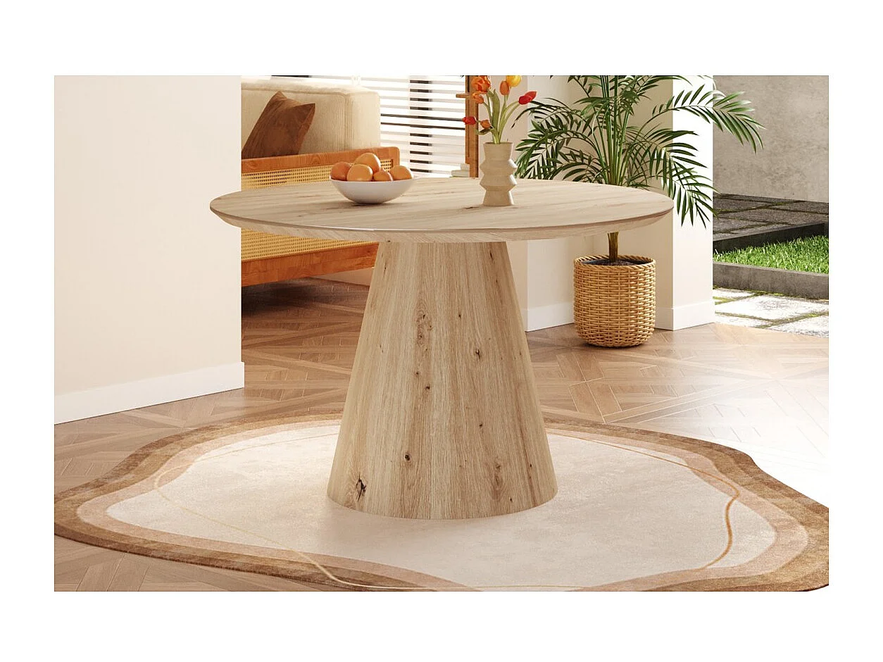 Table à manger SOLENA – Ø120 cm – Coloris chêne vieilli – Design rond – Style contemporain et chaleureux