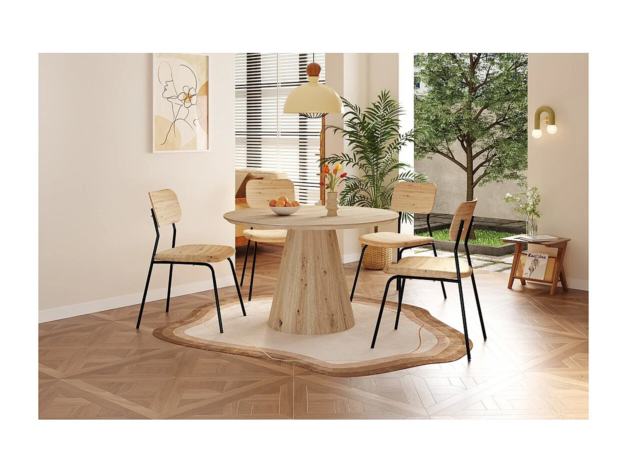 Table à manger SOLENA – Ø120 cm – Coloris chêne vieilli – Design rond – Style contemporain et chaleureux