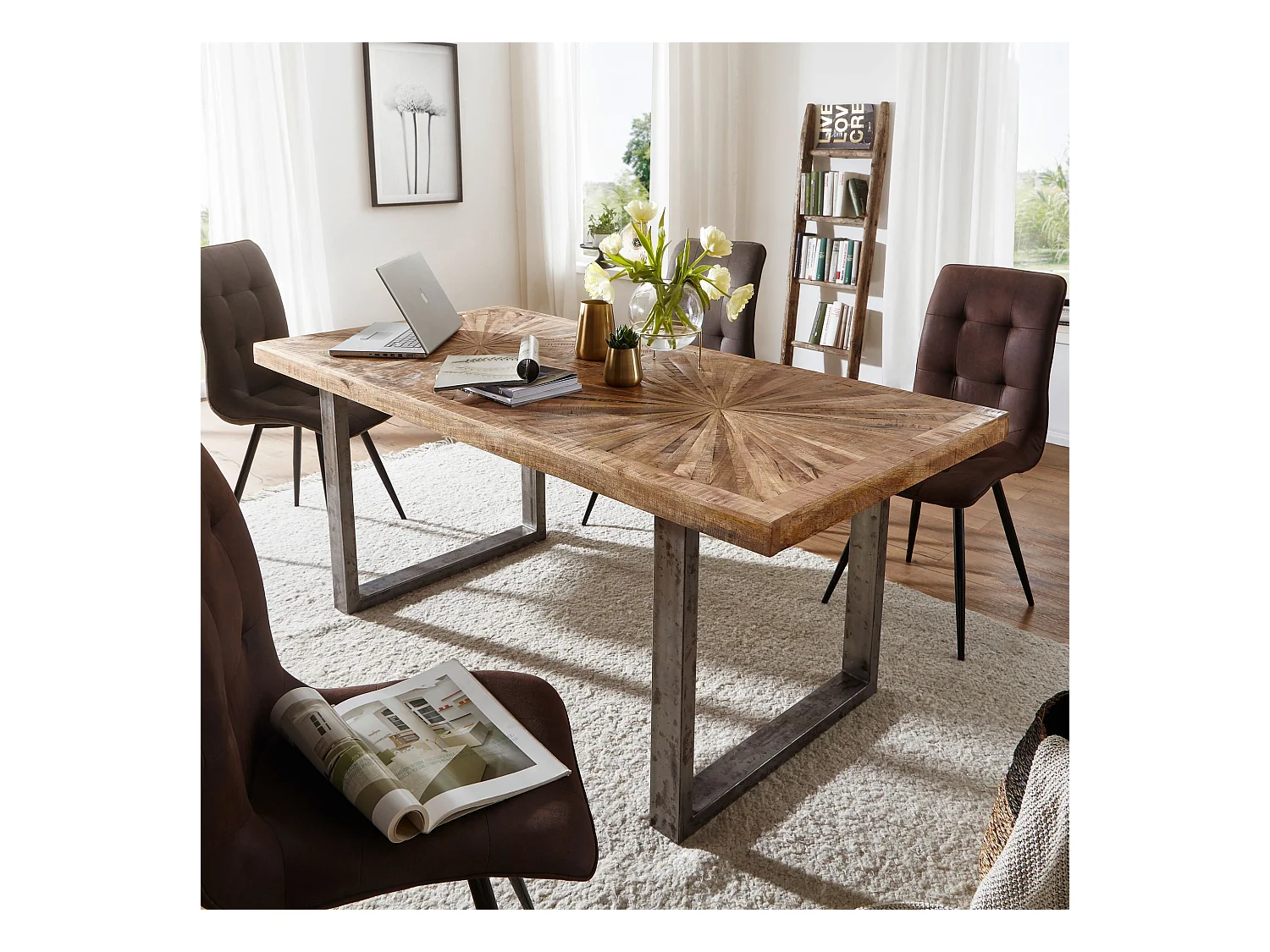 eettafel mango massief houten eetkamertafel 180x76,5x90 cm | Keukentafel loft natuur | Massief houten tafel met metalen frame | Industriële tafel