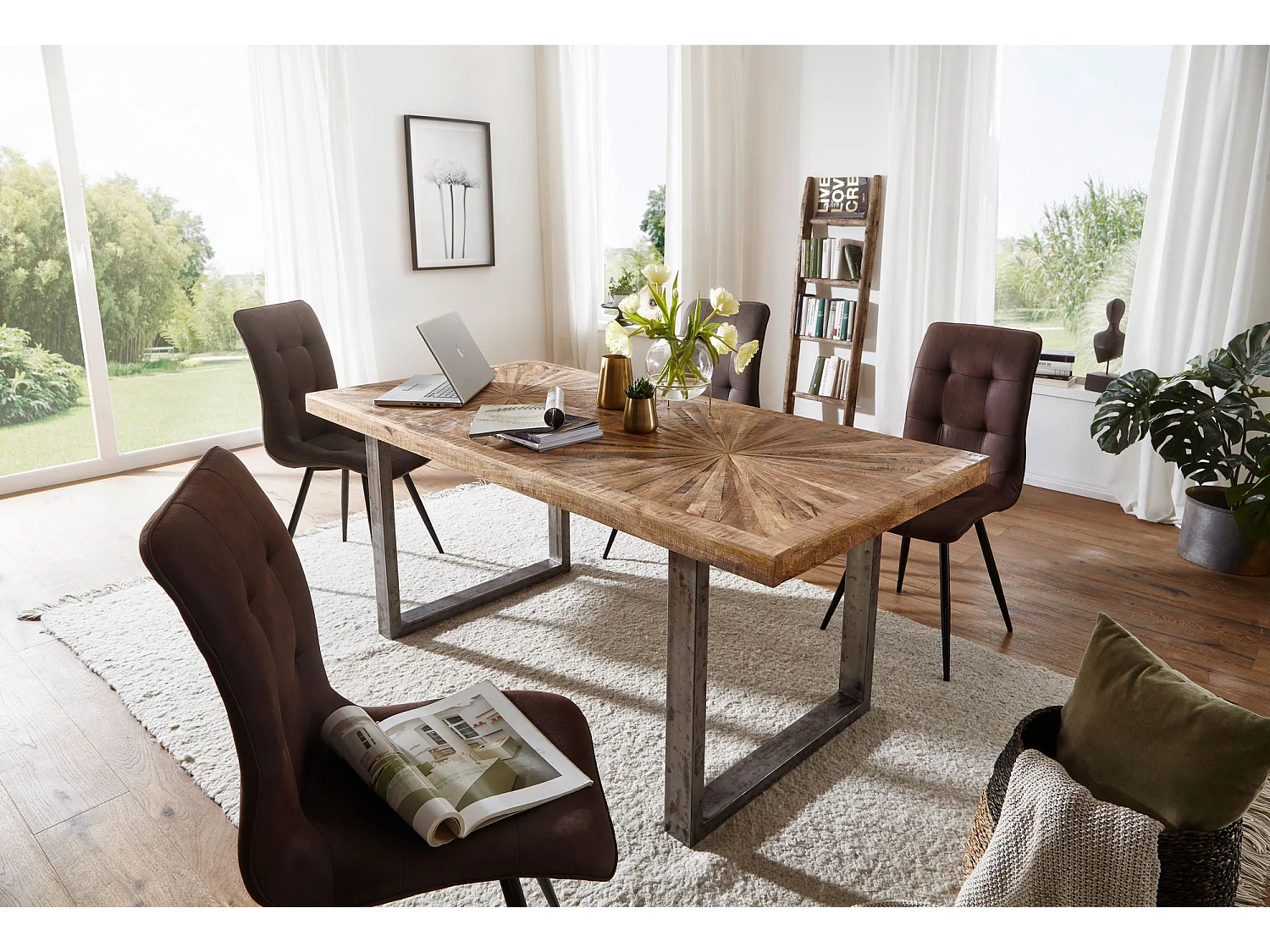 Table de Salle à Manger 180x90x76,5 cm Bois Massif de Manguier Métal Style Industriel, Table de