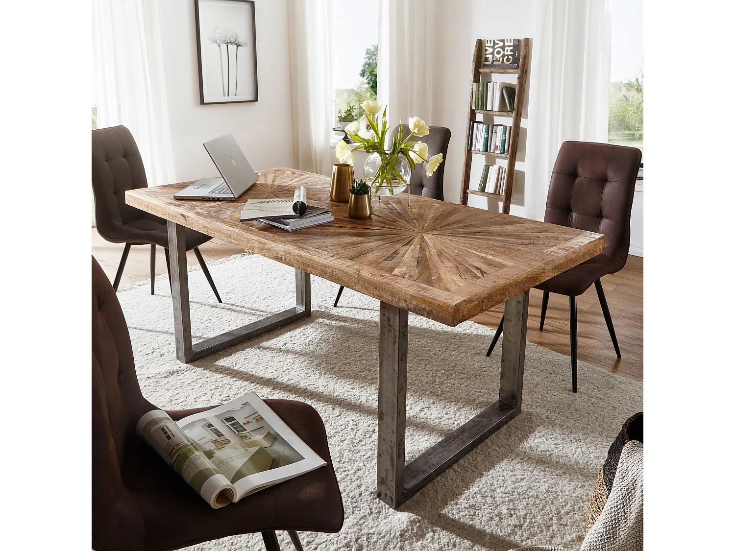 Table de Salle à Manger 180x90x76,5 cm Bois Massif de Manguier Métal Style Industriel, Table de