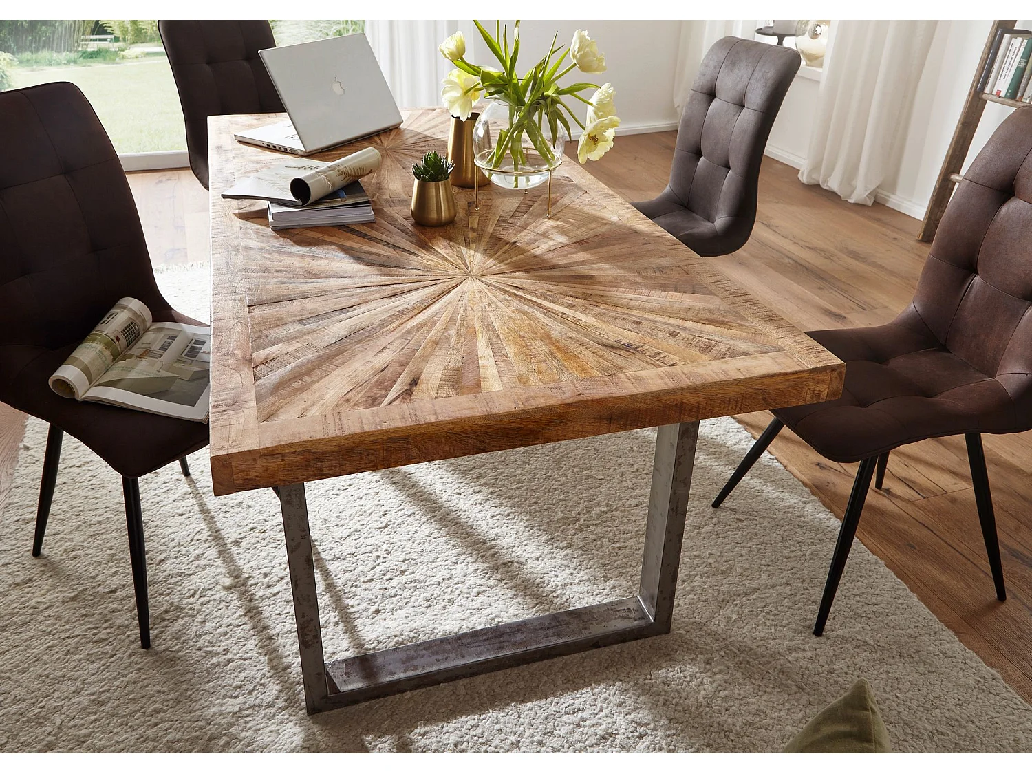 Table de Salle à Manger 180x90x76,5 cm Bois Massif de Manguier Métal Style Industriel, Table de