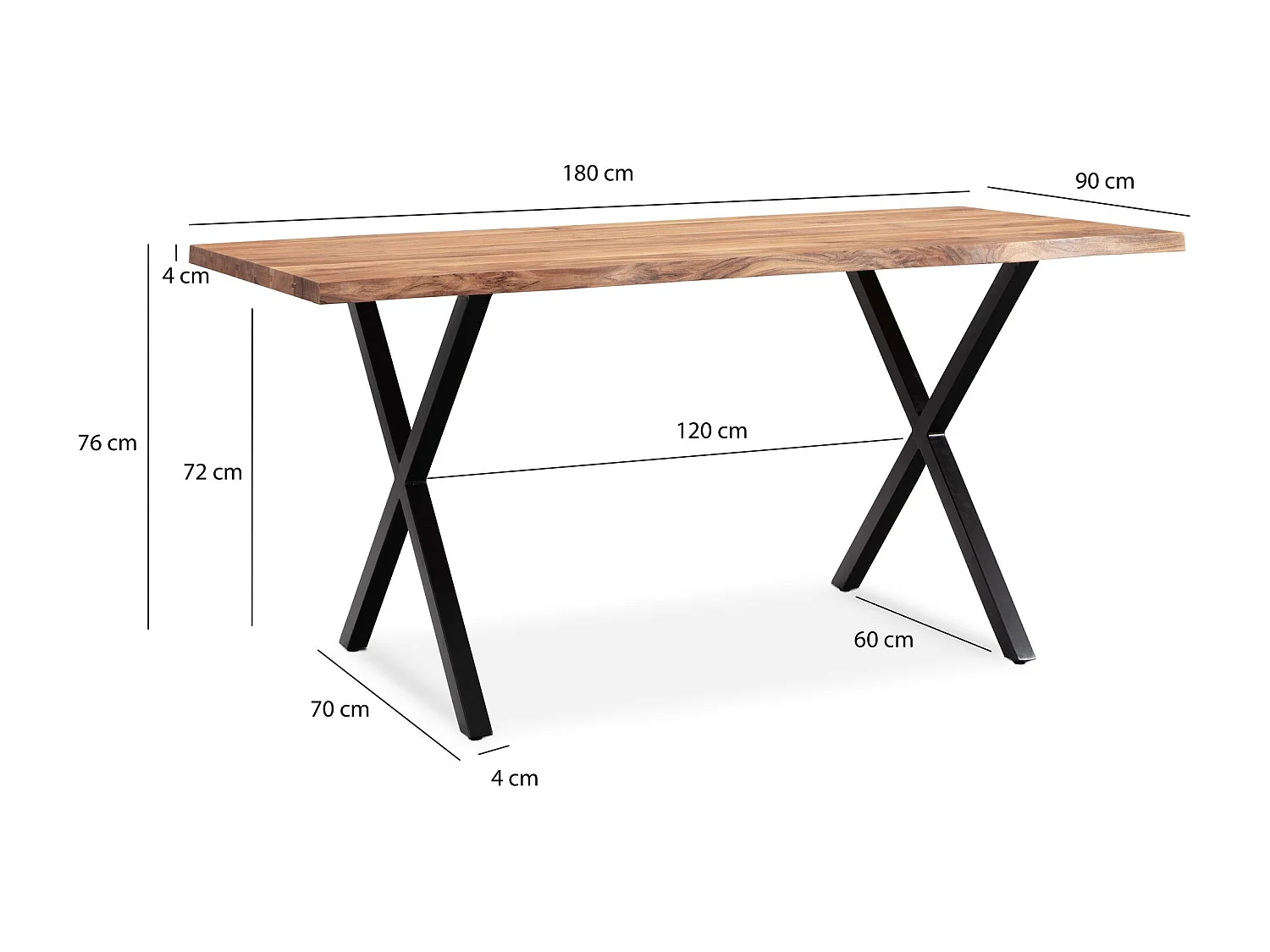Table de Salle à Manger 180x90x76 cm en Bois Massif d’Acacia et Métal, Table de Cuisine avec Bords