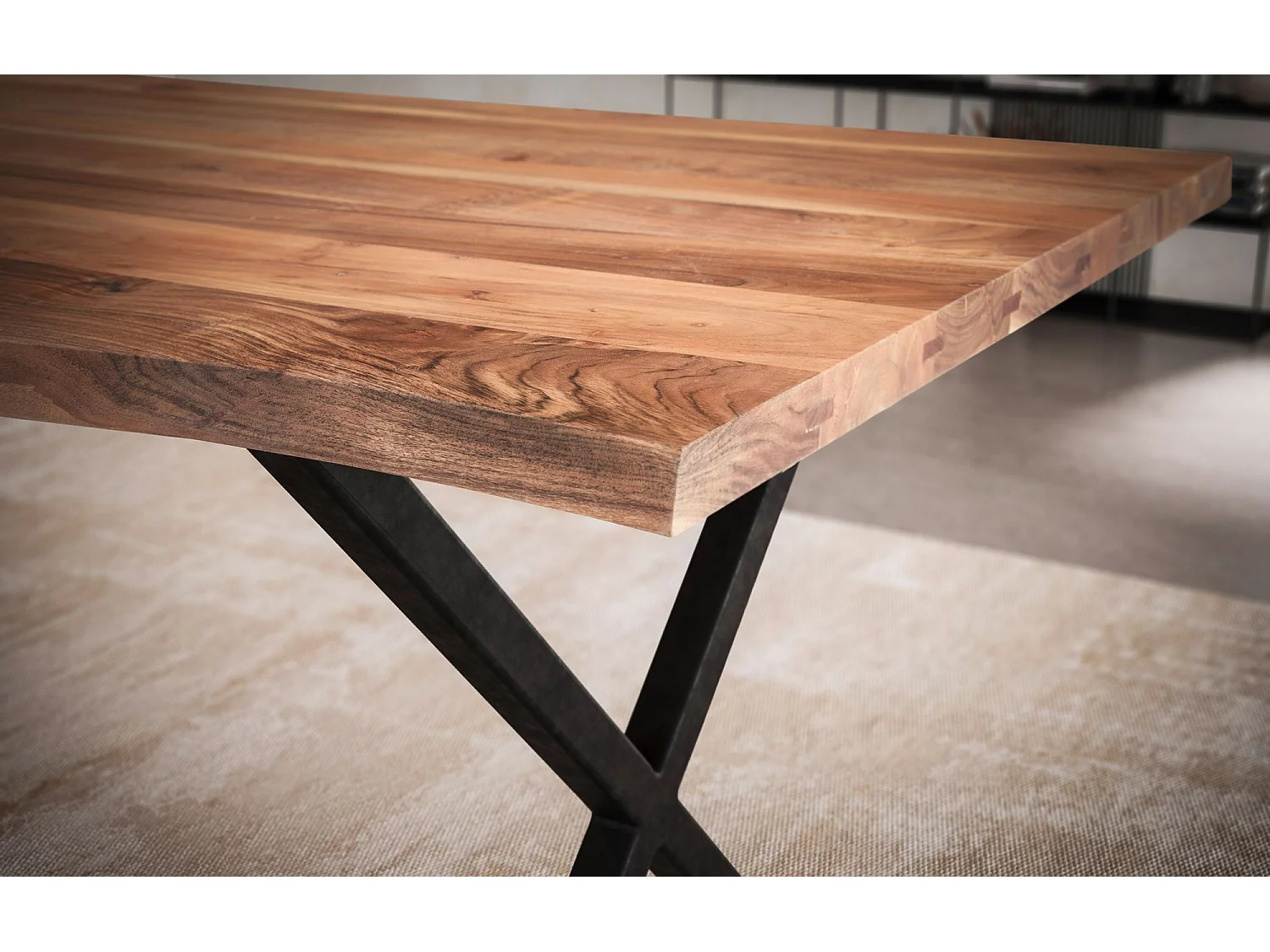 Table de Salle à Manger 180x90x76 cm en Bois Massif d’Acacia et Métal, Table de Cuisine avec Bords