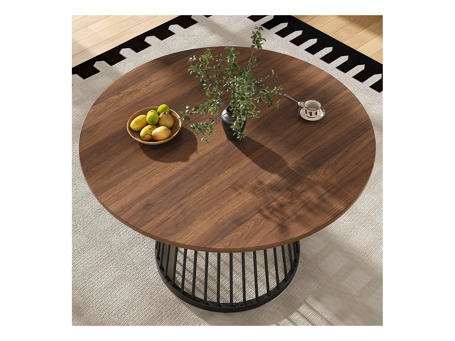 Table à manger 4 places - 80 x 80 x 76cm - table ronde pieds en métal noirs  - plateau en MDF marbré - MDF + métal - noir