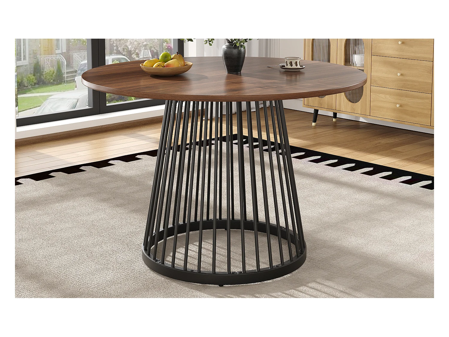 Table à manger 4 places - 80 x 80 x 76cm - table ronde pieds en métal noirs  - plateau en MDF marbré - MDF + métal - noir